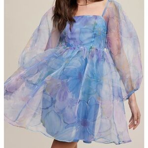 Blue flower print organza baby doll dress